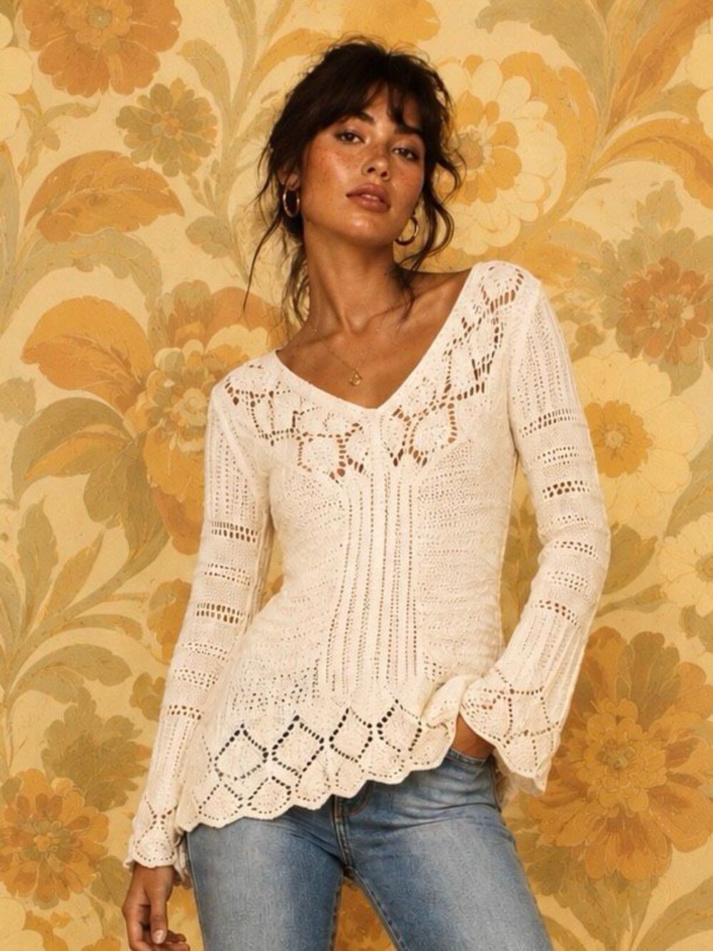 Lucky Brand Cream Crochet V-Neck Sweater